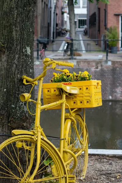 Tijdens Urban City Golf zie je van alles zo ook een gele fiets in Schiedam met een mandje met bloemen